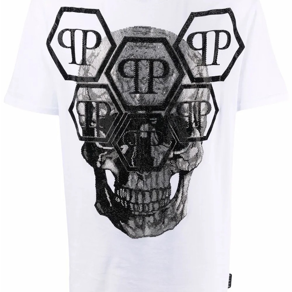 Philipp Plein Rhinestone Skull Hex Logo T-Shirt - White/Black - Size XL